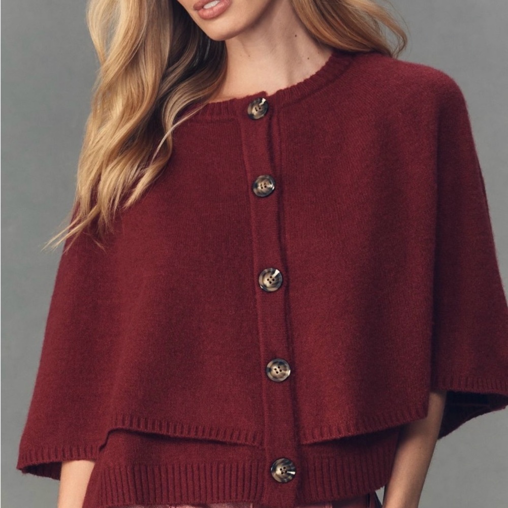 NWT. Anthropologie Burgundy Knit Button-Up Cape